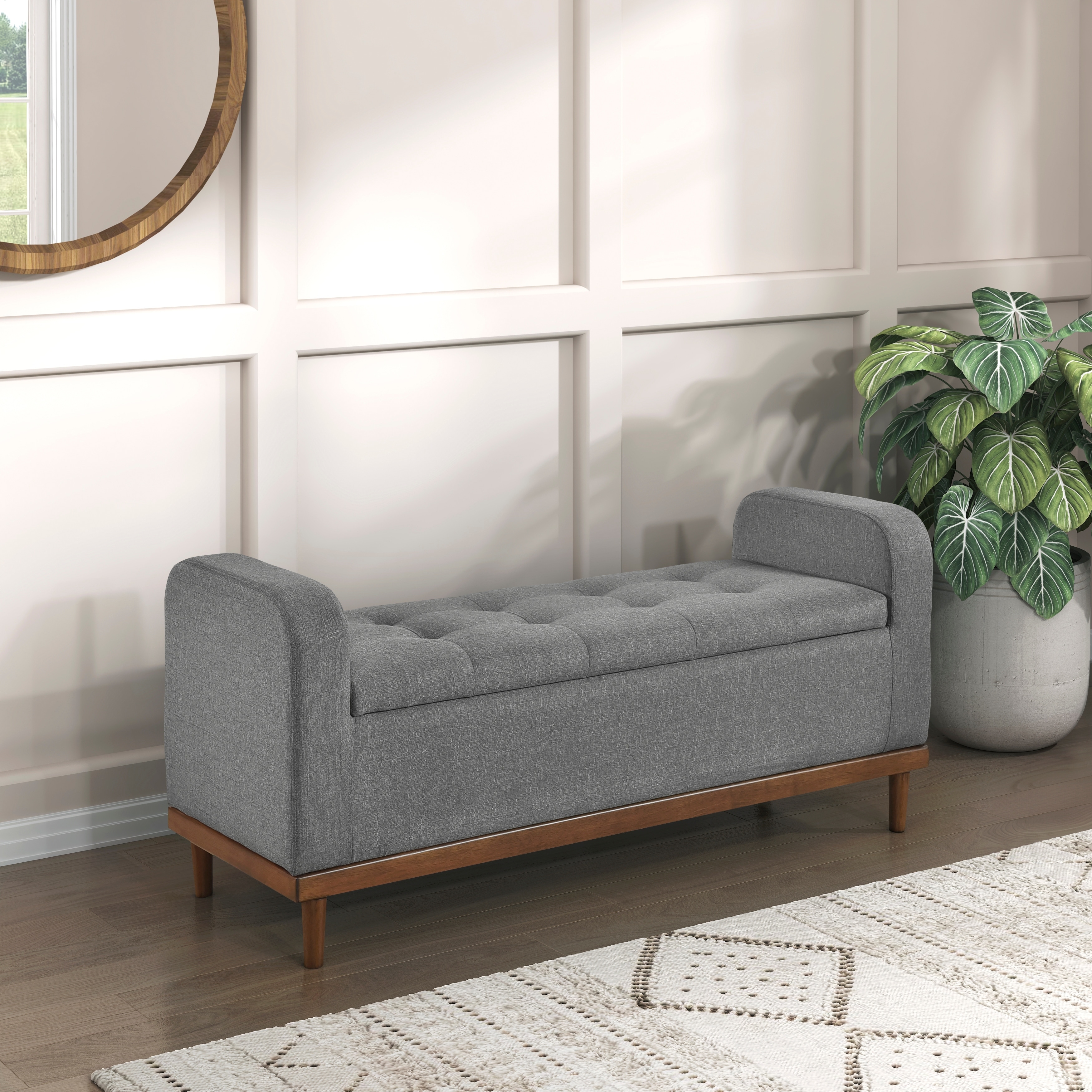 Mid Century Modern Lift Top Storage Bench with Tufted Gray Upholstered Seat and Walnut Wood Frame for Bedroom