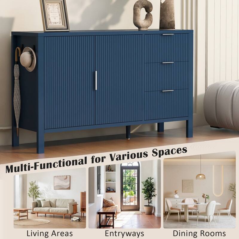 Modern Fluted 2-Door Sideboard with 3 Storage Drawers and Adjustable Hooks for Living Room,Entryway,Hallway
