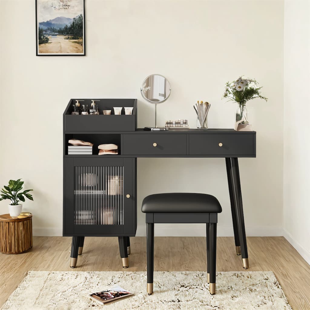 Makeup Vanity Desk with Charging Port, Compact Dressing Table with Drawers, Cabinet and Stool