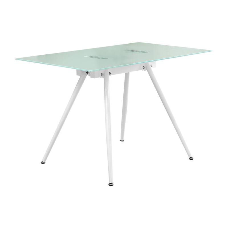 Contemporary Frosted Glass Computer Desk with Sturdy White Metal Base, Ideal for Small Homes and Offices - White