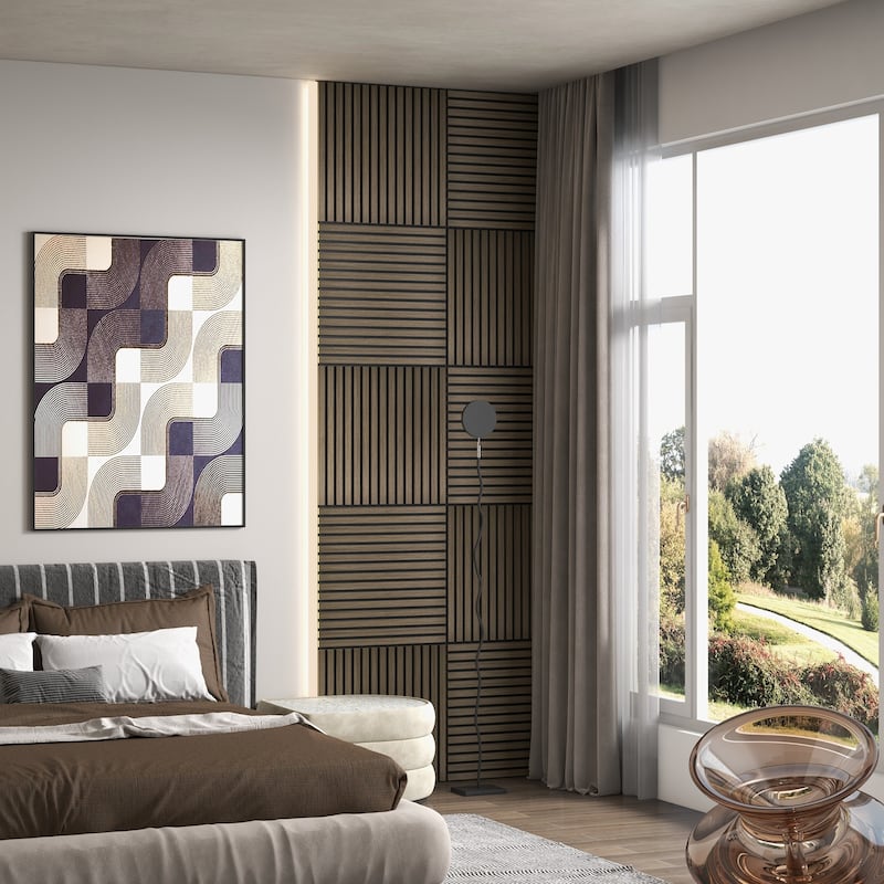 HOMCOM 4 Pack 3D Faux Wood Wall Panels, 24" x 24" Sound Absorbing Acoustic Panels, Wood Slat Wall Panels for Interior Wall Decor