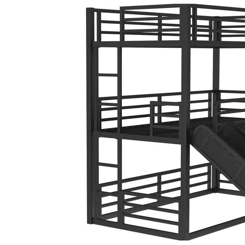 Twin/Twin/Full Triple Bunk Bed with Slide - Metal Frame, Safety Guardrails, Noise-Reduced (Black)