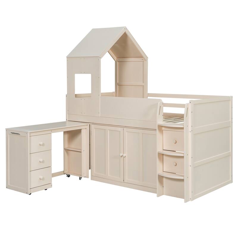 Roomfitters Twin Size House Loft Bed with Rolling Desk, Storage Cabinets and Staircase, All-in-One Space Saving Sleeper