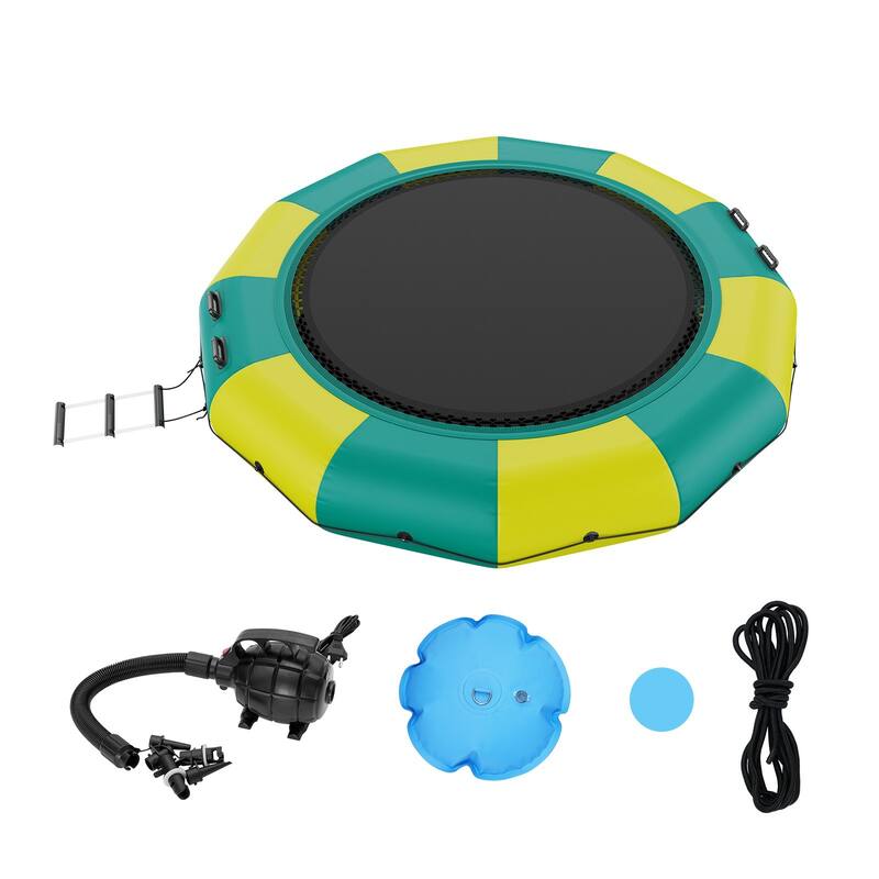 12ft Portable Inflatable Recreational Water Bouncer Trampoline with 3-Step Ladder and Electric Air Pump