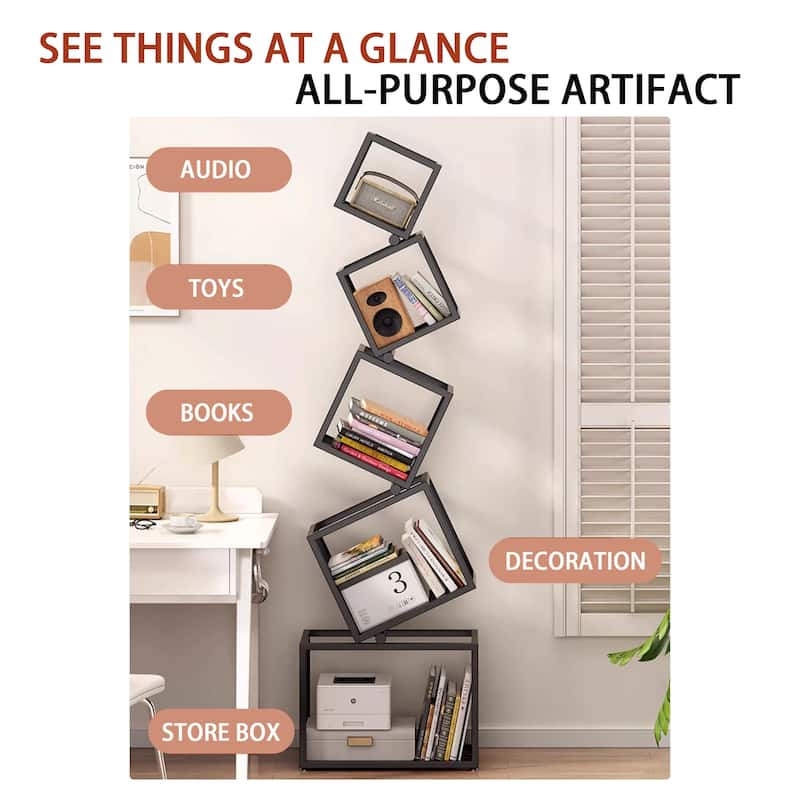 Freestanding Floor Shelf for Living Room, Black Open Grid Storage Rack