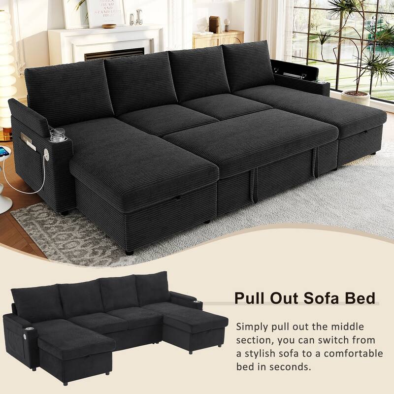 Roomfitters Convertible Sofa Bed 109.5" U-Shaped Sectional Upholstered Sofa with Storage Chaise, Cup Holders and USB Ports