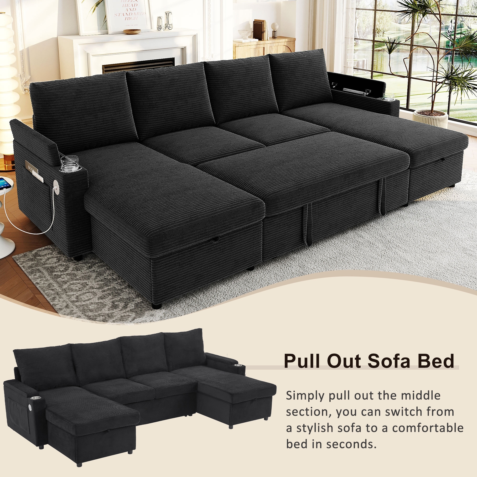U Shaped Sectional Sleeper Sofa Bed Pull Out Couch w/ Storage Chaise Lounges, USB Ports