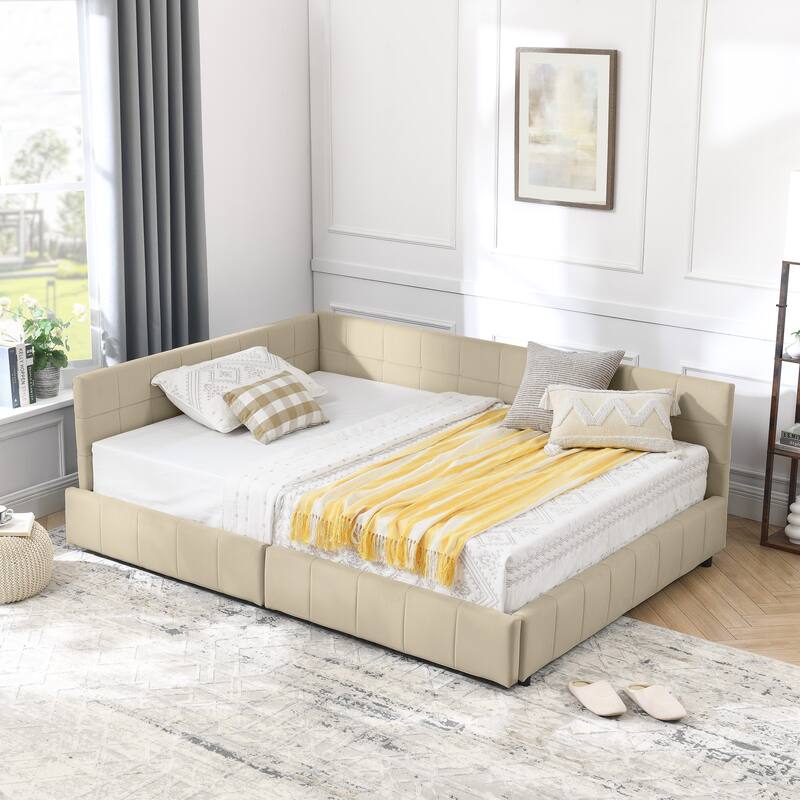 L-shaped Velvet Upholstered Daybed Tufted Sofa Bed with Soft Backrest Armrests - and Optional Corner Storage Day Bed