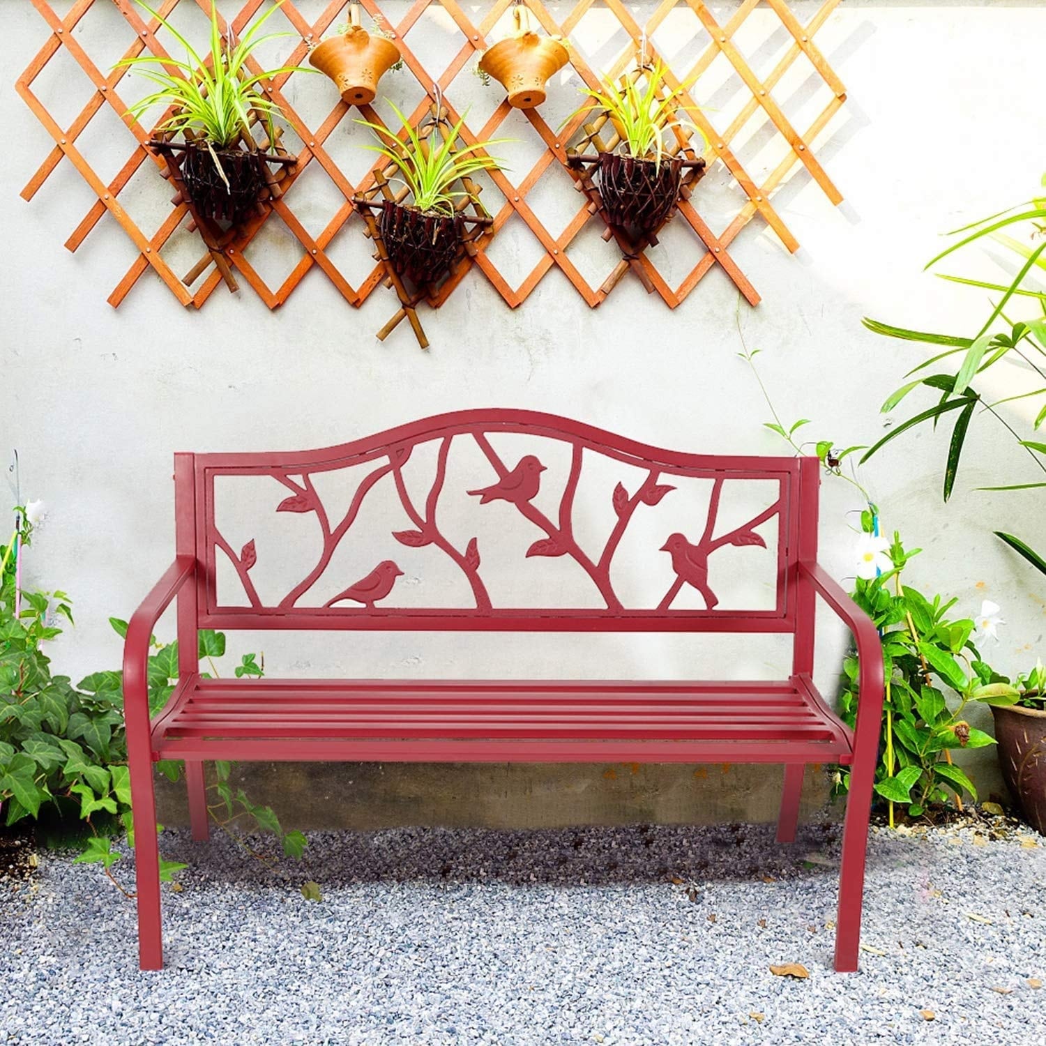 MAISON ARTS Patio Metal Park Bench Red, Steel Frame Bench with Backrest and Armrests