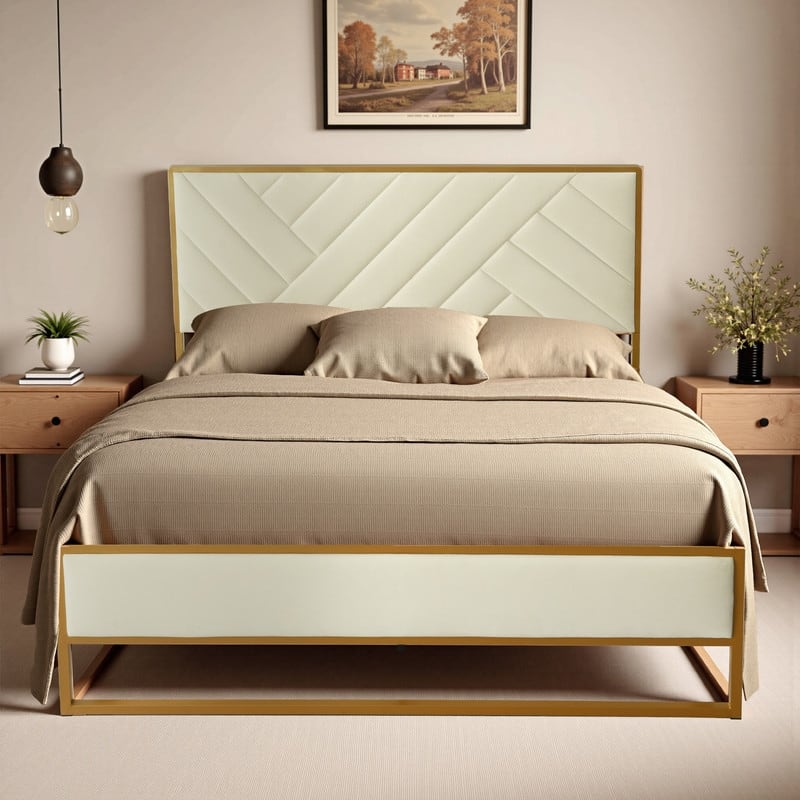 Velvet Platform Bed - Cream - Queen