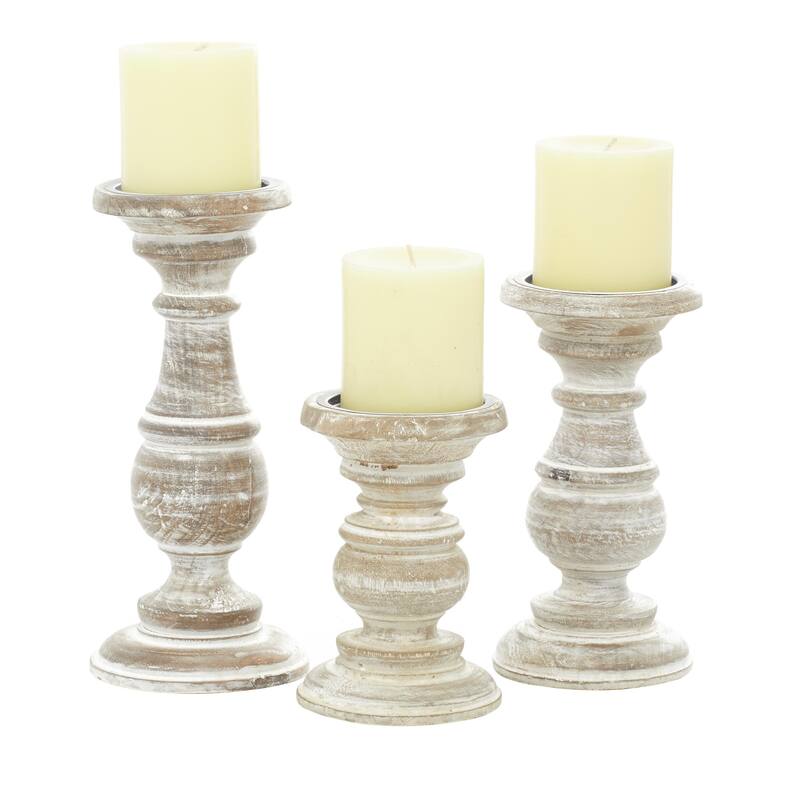Mango Wood Distressed Turned Pillar Decorative Candle Holder - Set of 3 - Roche River Decor