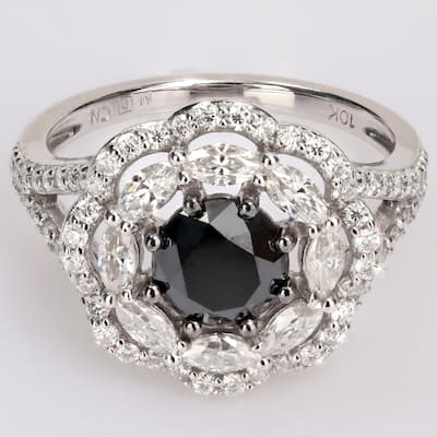 Miadora 10k White Gold 1 1/2ct TDW Black Diamond & 1 3/4ct TGW Created Moissanite Halo Floral Ring