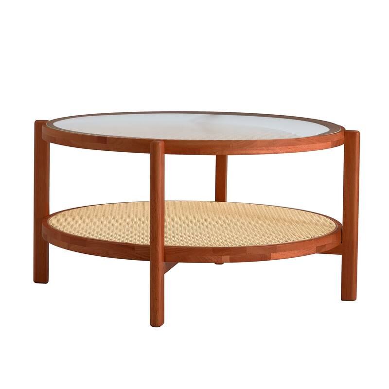 Circular Double-Layer Coffee Table, Glass Coffee Table with Open Rattan Storage Shelf Solid Wood Frame Tea Table