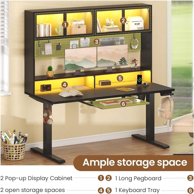 Electric Standing Desk Storage Height Adjustable Gaming Desk Hutch Pegboard