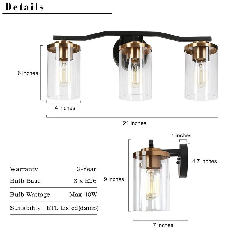 Modern Farmhouse Black Gold 3-Light Bathroom Vanity Lights Cylinder Glass Wall Sconces - 21" L x 7" W x 6" H
