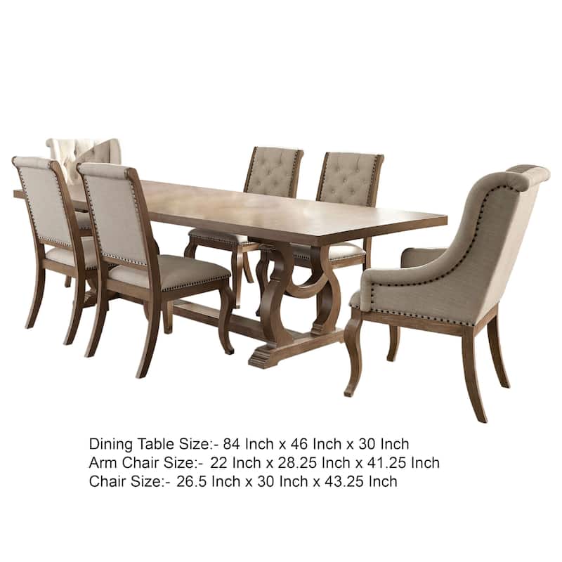 Sev 7pc Dining Table Set, 84-104 Inch Top, 6 Cream Fabric Chairs, Barley Brown