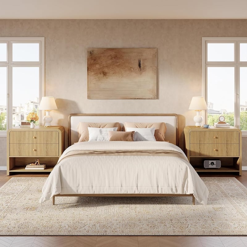 Oversized Nightstand with 2 Drawers, 31.5" Wide Modern Fluted Night Stand