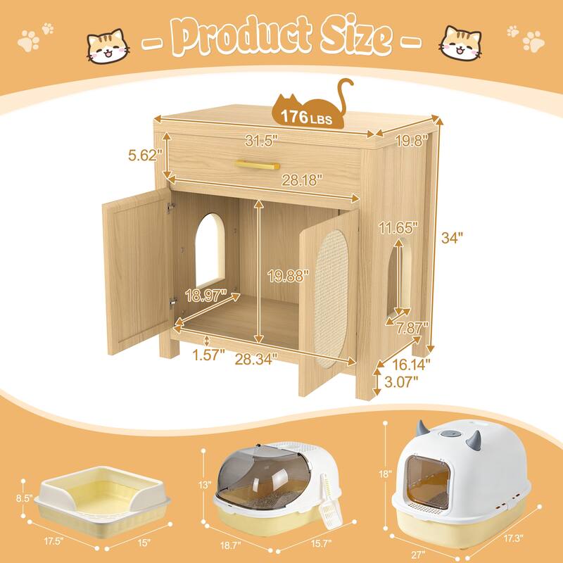 Cat Litter Box Enclosure, Hidden Cat Litter Box Furniture with Scratching Board Doors and Storage Drawer