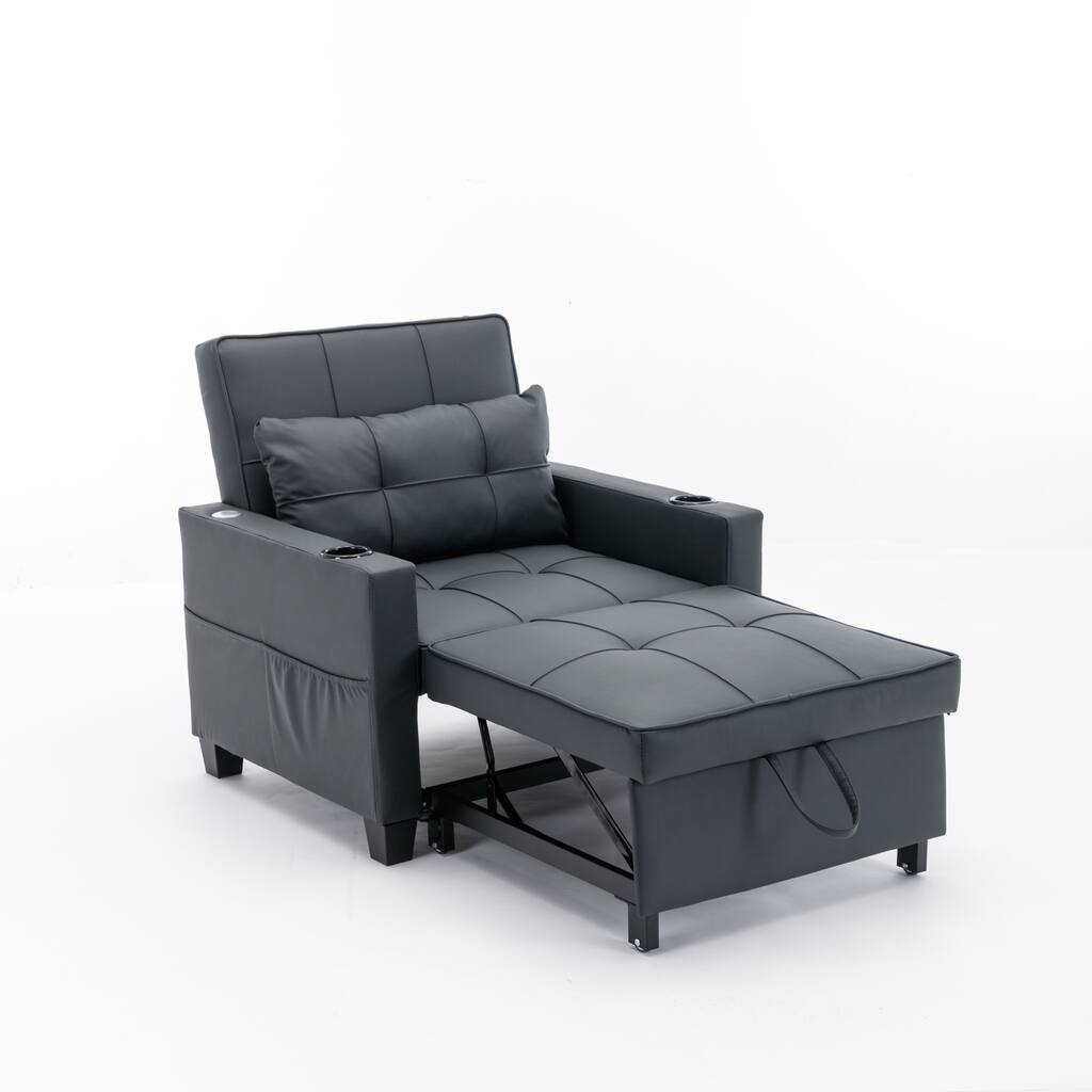 3-in-1 Leather Convertible Futon Chair Beds Armchair with USB Ports