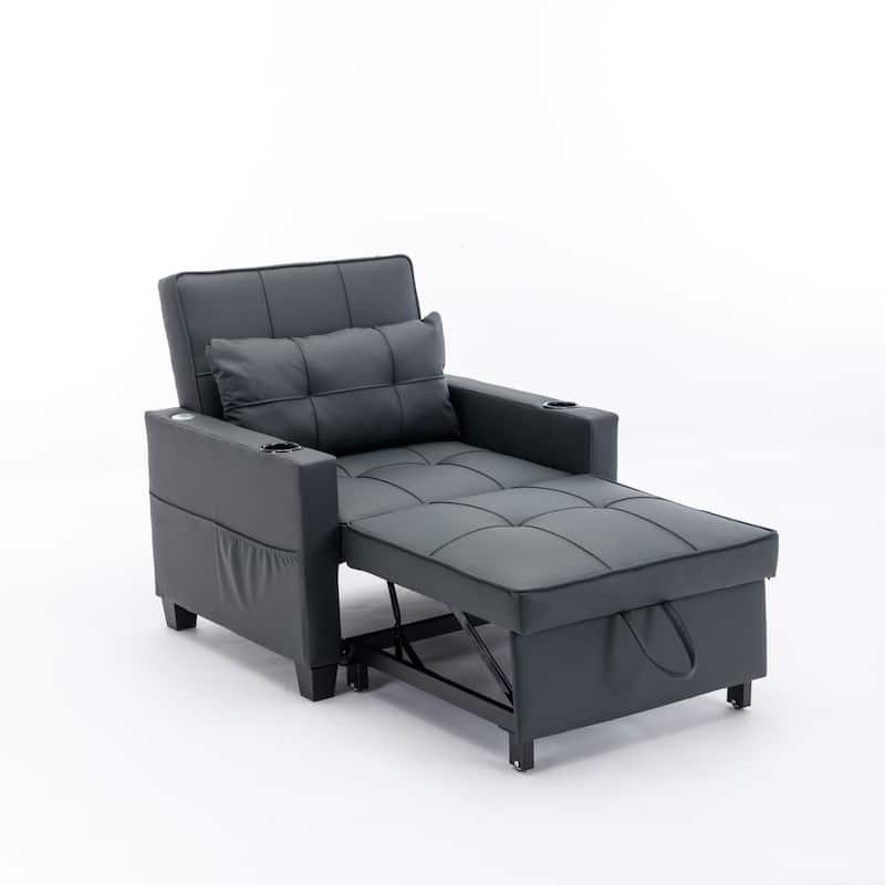 Futon Chair Bed Convertible Chair 3-In-1 Pull Out Sleeper Chair Beds With Usb Ports - Black