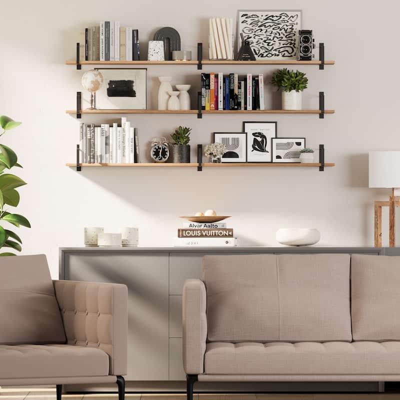 Wallniture Toledo 60"x6" Floating Bookshelves for Wall, Book Shelves for Living Room, Wooden Shelves for Wall, Set of 3, Burnt