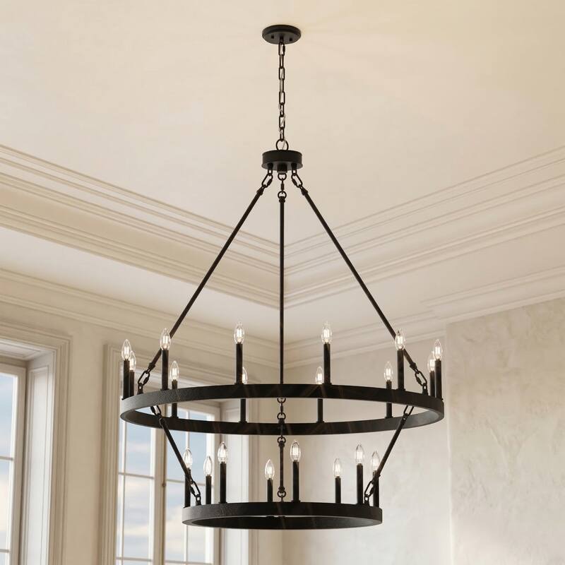 Modern Farmhouse Black Round Wagon Wheel Chandelier - 20light
