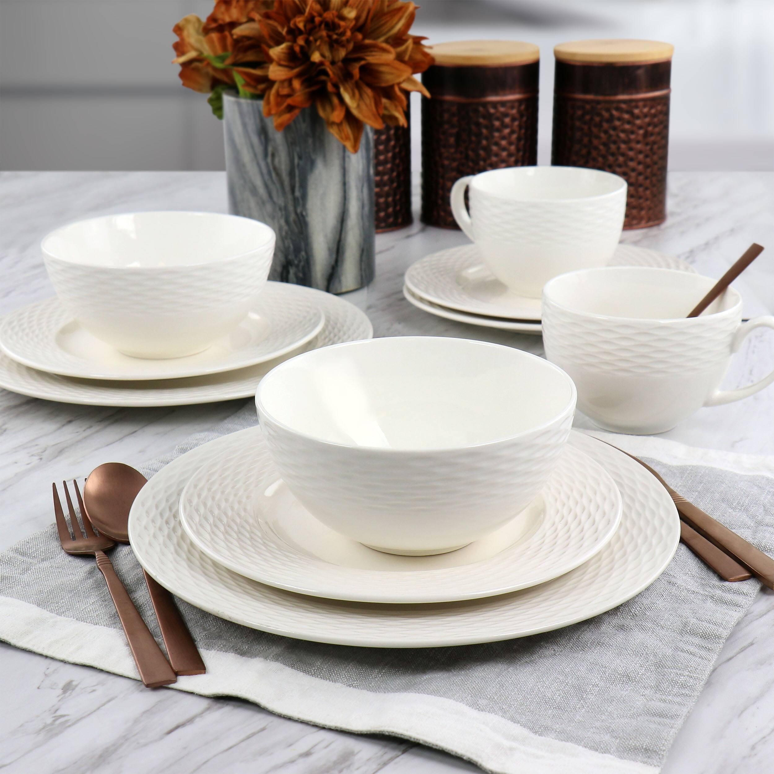Martha Stewart Fine Ceramic 16 Piece Textured Dinnerware Set in White 16 Pieces Bed Bath