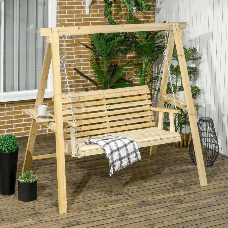 2-Seat Wooden Porch Swing, Stand, Side Tables, Metal Chains, Outdoor