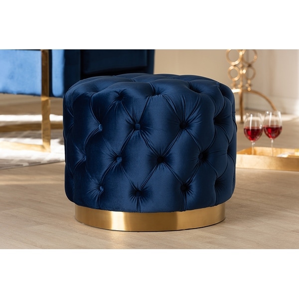 Bentley Royal Blue Velvet Fabric Gold-Finished Button Tufted Ottoman