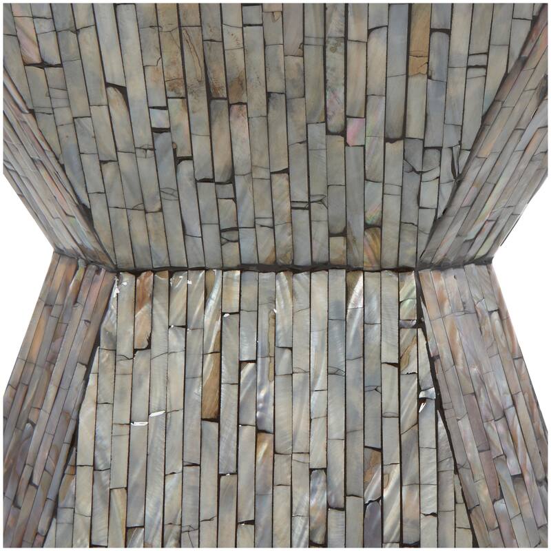 Gray Mother of Pearl Shell Hourglass Geometric Accent Table with Linear Mosaic Pattern