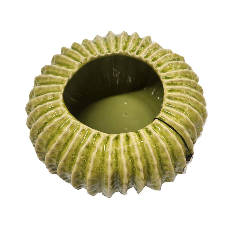 Decorative Planter, Melon Shape, Vertical Ribbed Texture, Green Ceramic