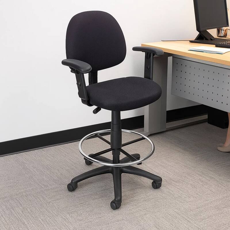 Jea Drafting Stool Chair, Adjustable Arms, Black Tweed, Round Footring