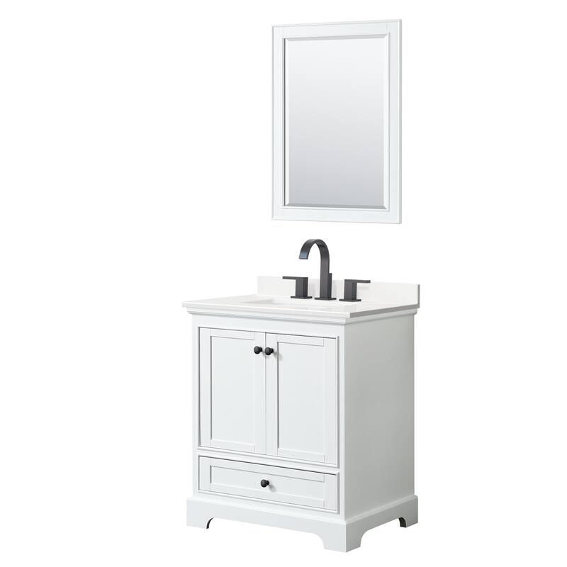Deborah 30-inch Single Vanity, Quartz Top, 24-inch Mirror - White, Black Trim, White Quartz Top