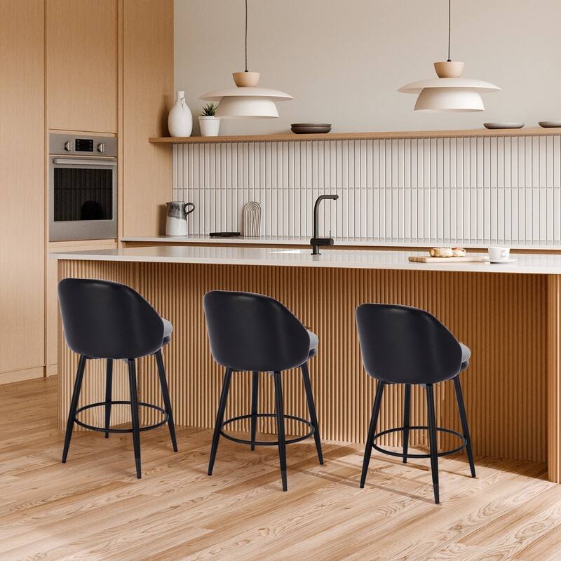 26" Swivel Leather Bar Stools Set of 2, Counter Height PU Leather / Linen Fabric Upholstered Barstool with Metal Legs