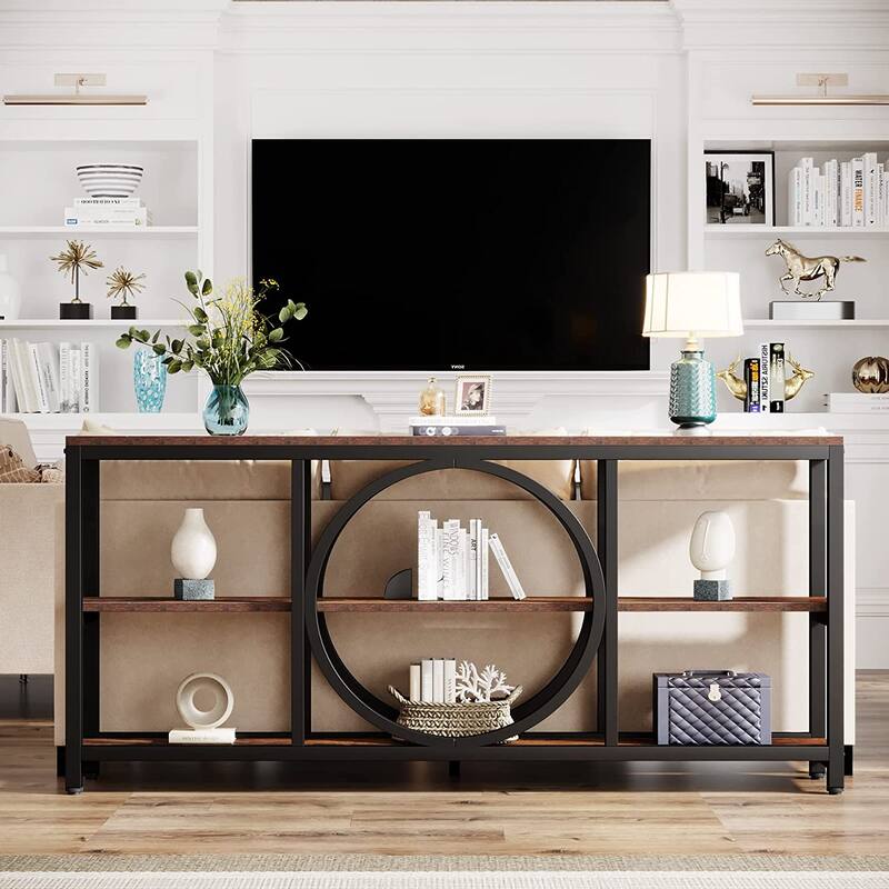 Extra Long Console Table, 70.9 inch Narrow Sofa Tables with 3 Tier Wood Storage Shelves, Rustic Brown Black - 11.75" * 70.9" - Brown