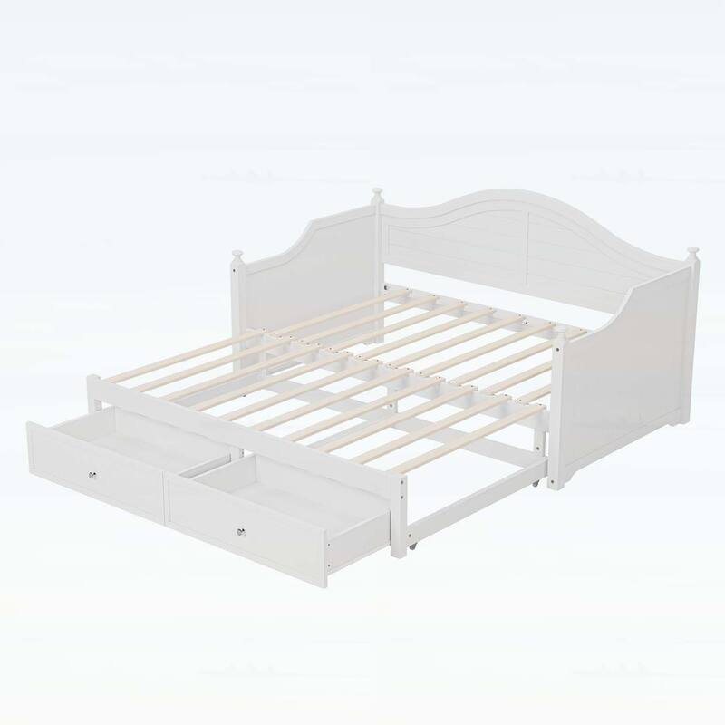 Wood Daybed with Extendable Trundle and Storage Drawers for Living Room or Guest Room