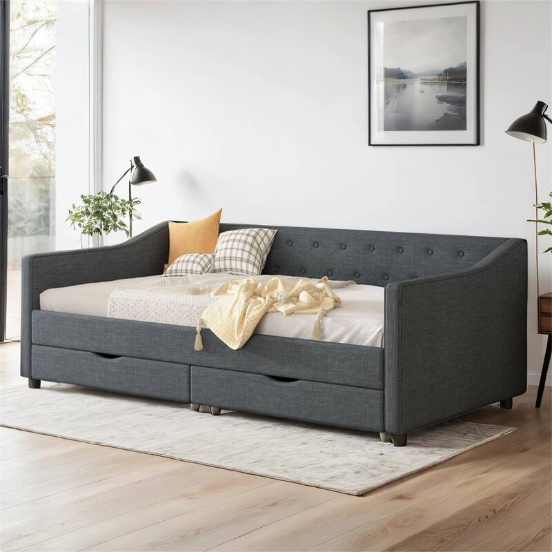 Upholstered Tufted Twin Size Daybed with Drawers, Button on Back