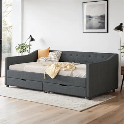 Upholstered Tufted Twin Size Daybed with Drawers, Button on Back