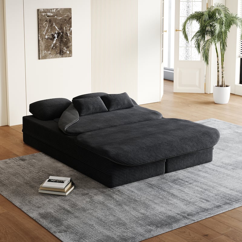 Roomfitters 75" Convertible Foldable Sofa Bed, Corduroy Sleeper Foam Lounge Sofa with Blanket for Living Room, Black