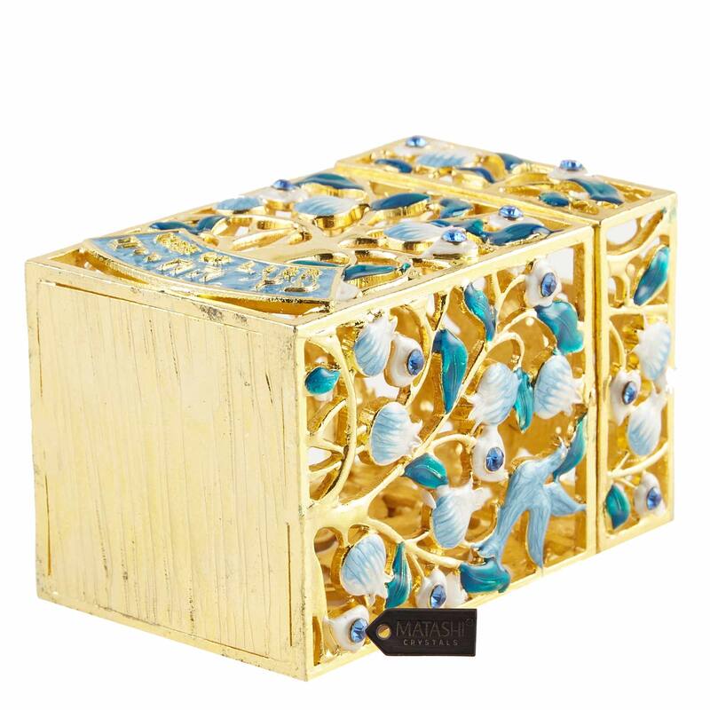 Matashi Hand-Painted Enamel Tzedakah Charity Box Keepsake Treasure Box Embellished with Crystals and a Tree of Life Motif Design