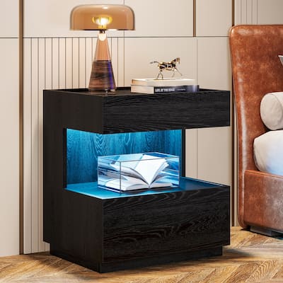 Modern LED Black Nightstand Wood Bedside End Table with 2 Drawers