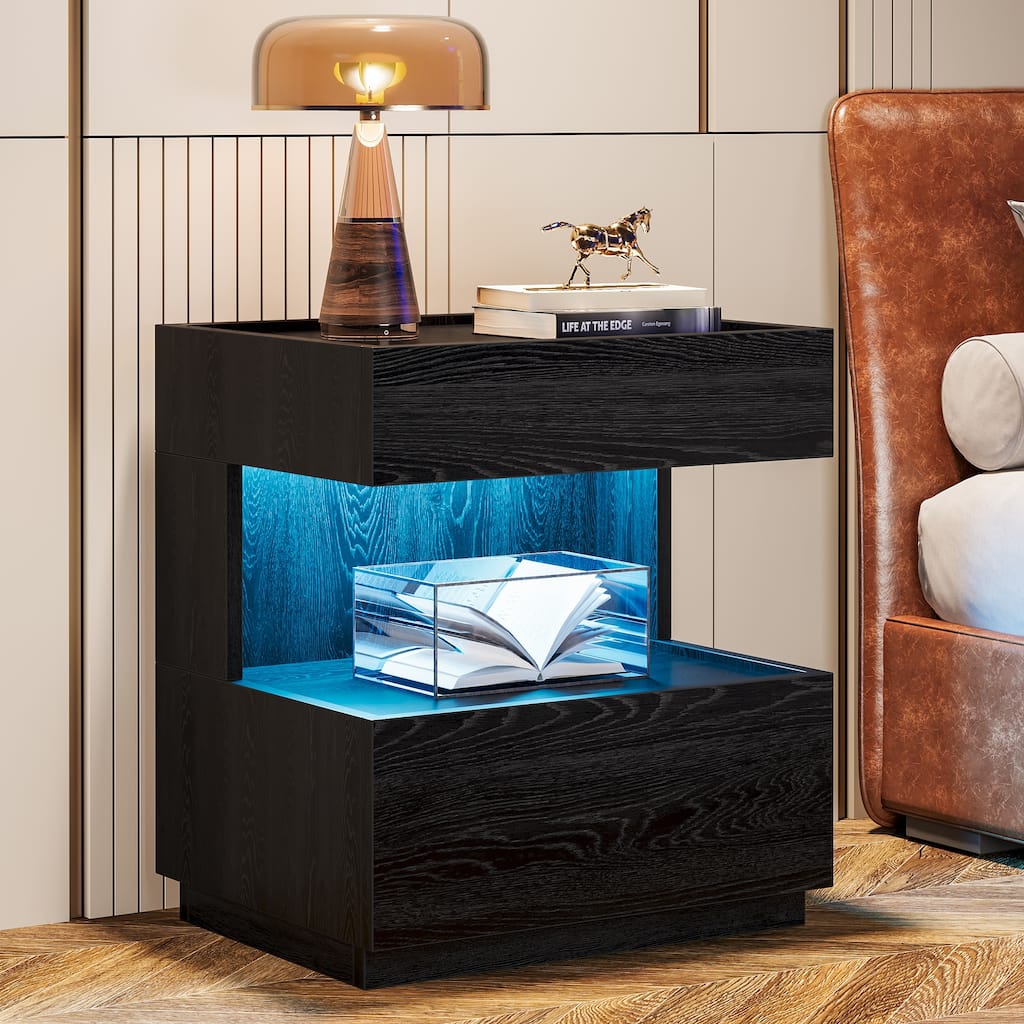 Modern LED Black Nightstand Wood Bedside End Table with 2 Drawers