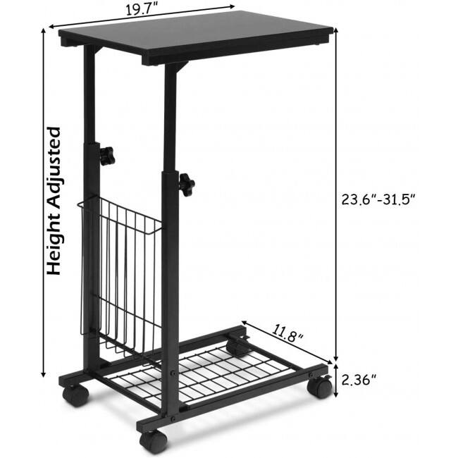 Adjustable C Shaped Snack Table with Wheels for Sofa Bed and Couch Compact Rolling Side Table with Storage Shelf