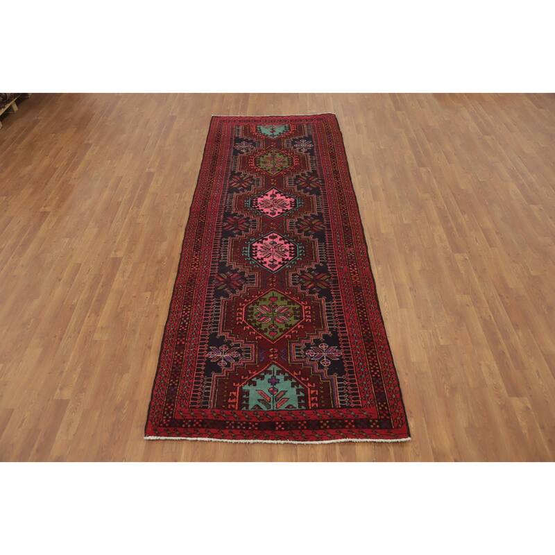 Hand Knotted Oriental 100% Wool Carpet Traditional Tribal Red Gharajeh Runner Rug - 10' 3'' X 3' 11''