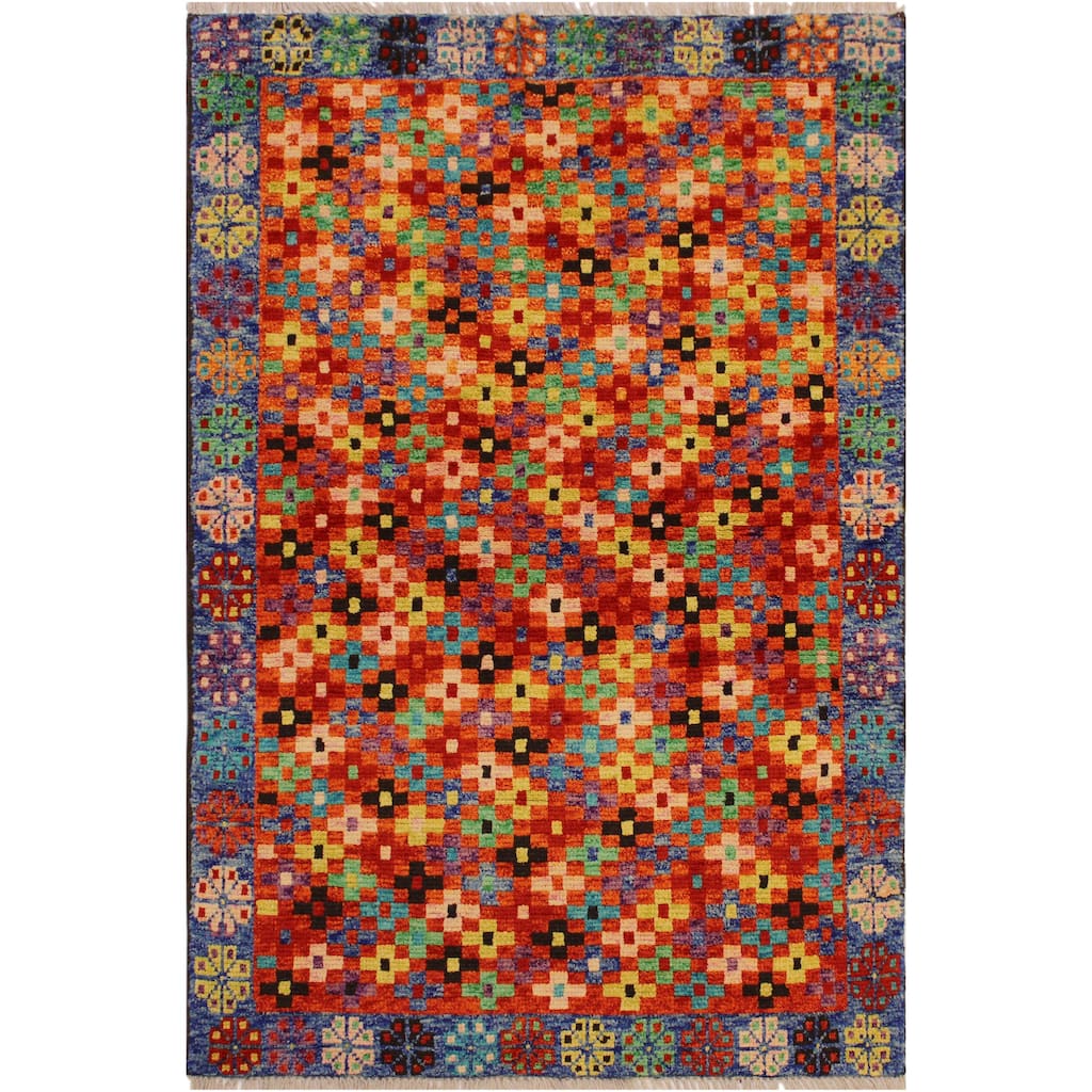 Tribal Balochi Zavala Orange/Blue Hand Knotted Wool Rug - 3'4'' x 4'11''