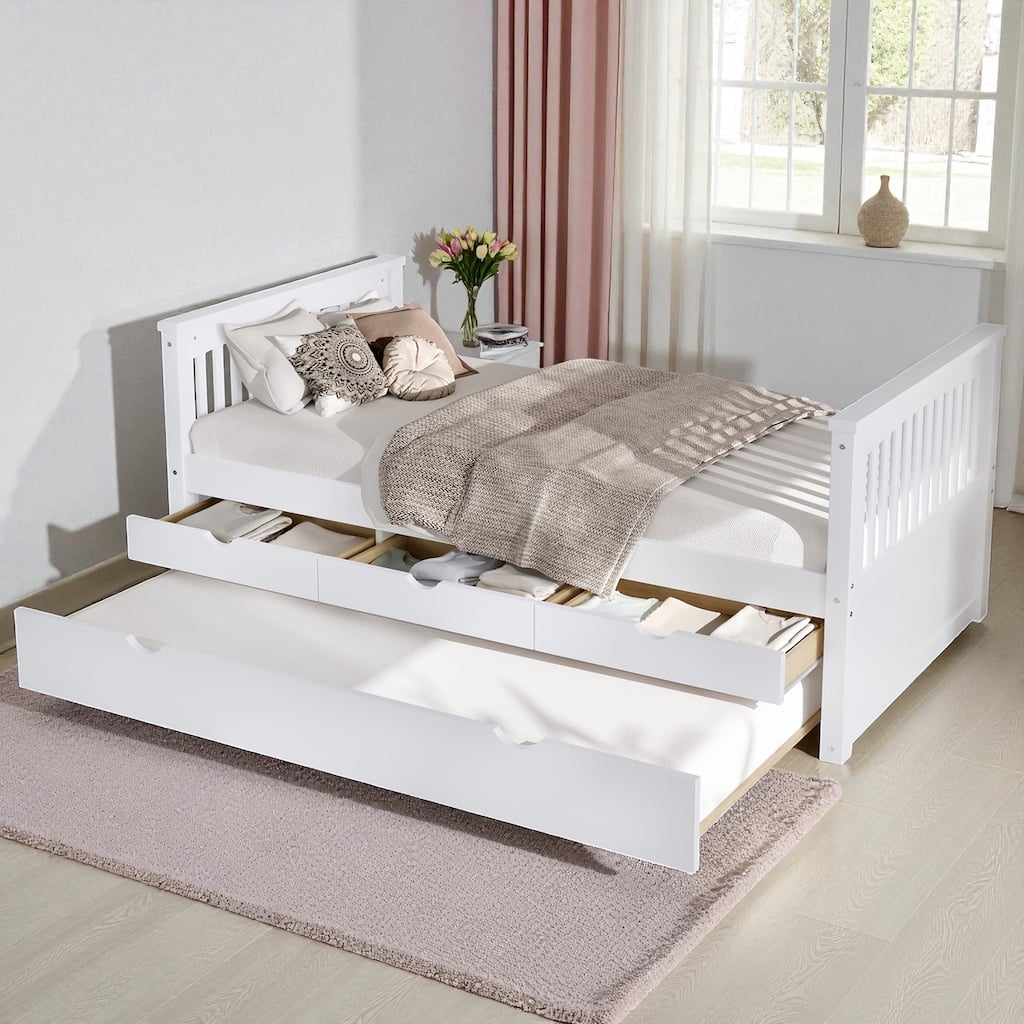 Twin Solid Wood Platform Bed with Drawers and Trundle, Space-Saving Daybed Frame with Storage, No Box Spring Needed