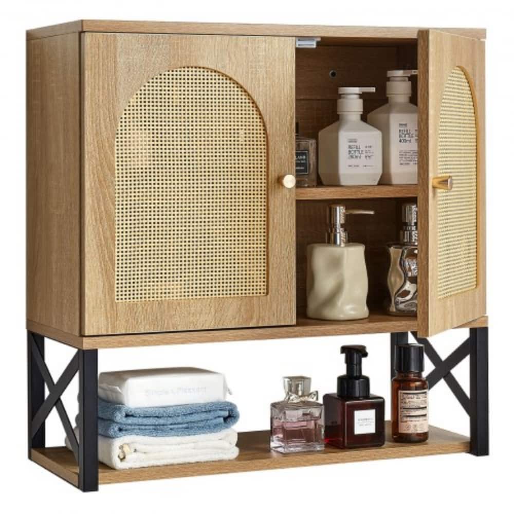 Natural Bathroom Wall Cabinet with Adjustable Shelf 3-Layer Storage for Bottles or Toiletries - 23” x 10” x 23”