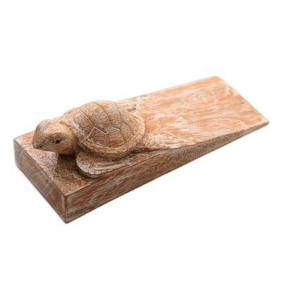 Novica Handmade Distressed Baby Turtle Wood Door Stopper - 5 cm H x 16.5 cm W x 6 cm D