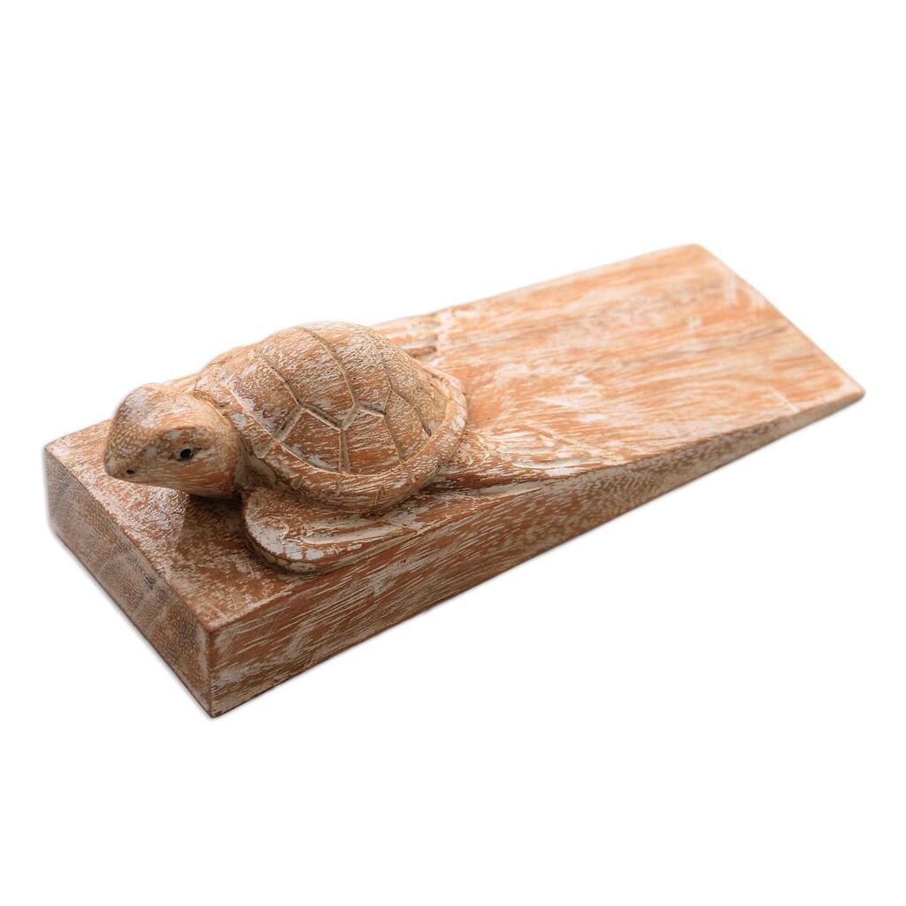 Novica Handmade Distressed Baby Turtle Wood Door Stopper - 5 cm H x 16.5 cm W x 6 cm D