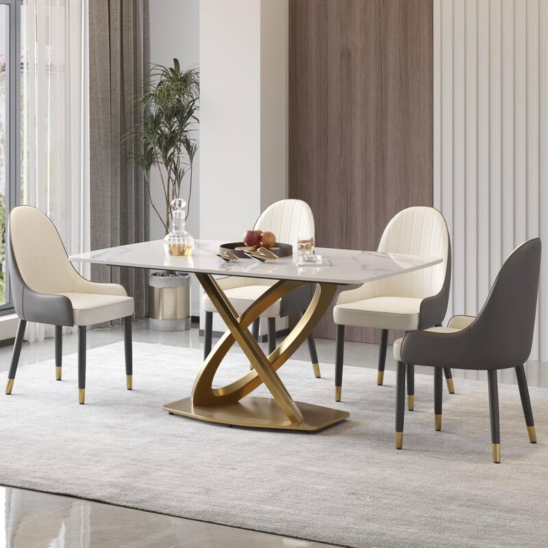63'' Rectangle Dining Room Table with X-Shape Gold Pedestal Table for Kitchen/Living Room(Table Only)